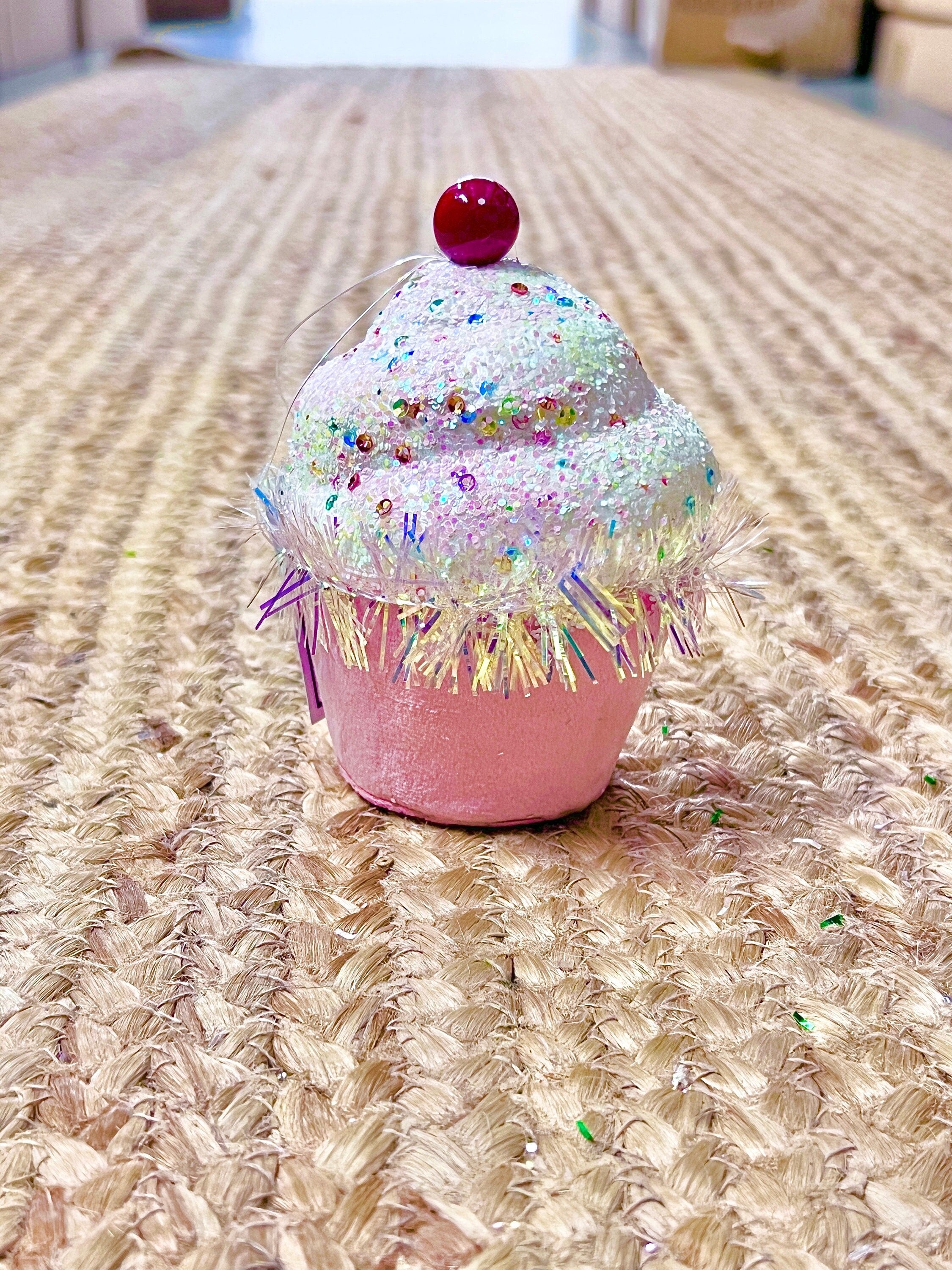 5 Inch Pink Sprinkle & Tinsel Cupcake Ornament