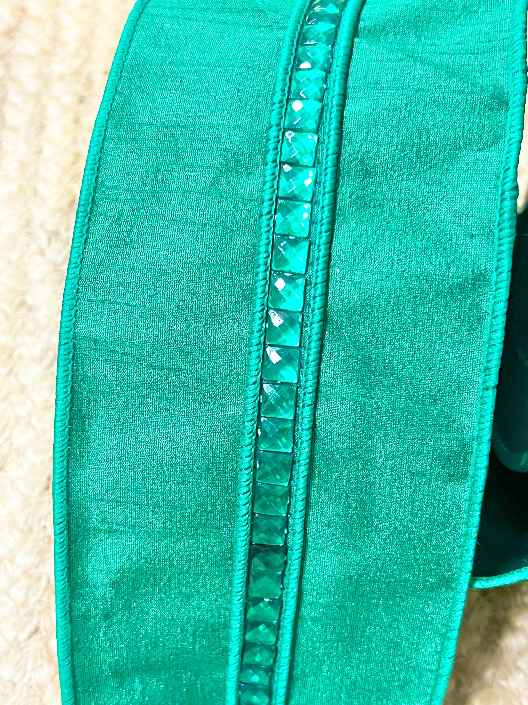 4 inch Farrisilk Emerald Green Dupion With Emerald Green Jewel Embroidered Center ~ 10 yards ~ Wired