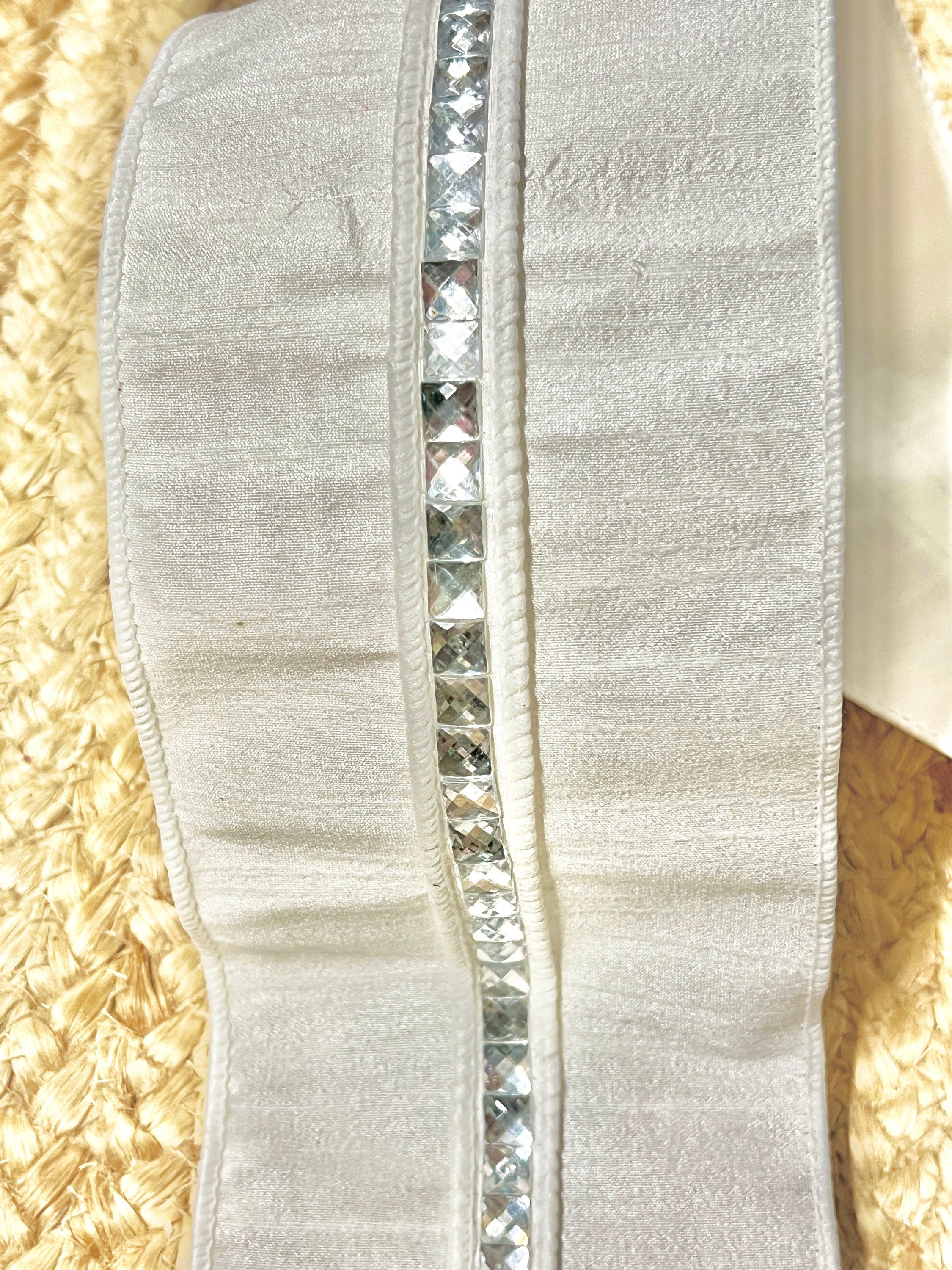 4 inch Farrisilk White Dupion With Silver Diamond Jewel Embroidered Center ~ 10 yards ~ Wired