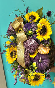 Fall Sunflower Wreath With Purple Pumpkin, Purple Fall Floral Grapevine Wreath, Purple Fall decorations, Housewarming Gift, Wedding Present