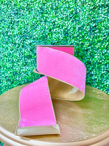 4 in Bubblegum Pink Velvet Ribbon w/ Gold Backing~ Pink Lemonade Velvet Ribbon ~ Wired ~ 10 yards
