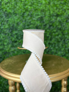 4 inch Cream Chambray Denim with Pom Pom ribbon~ 5 yards