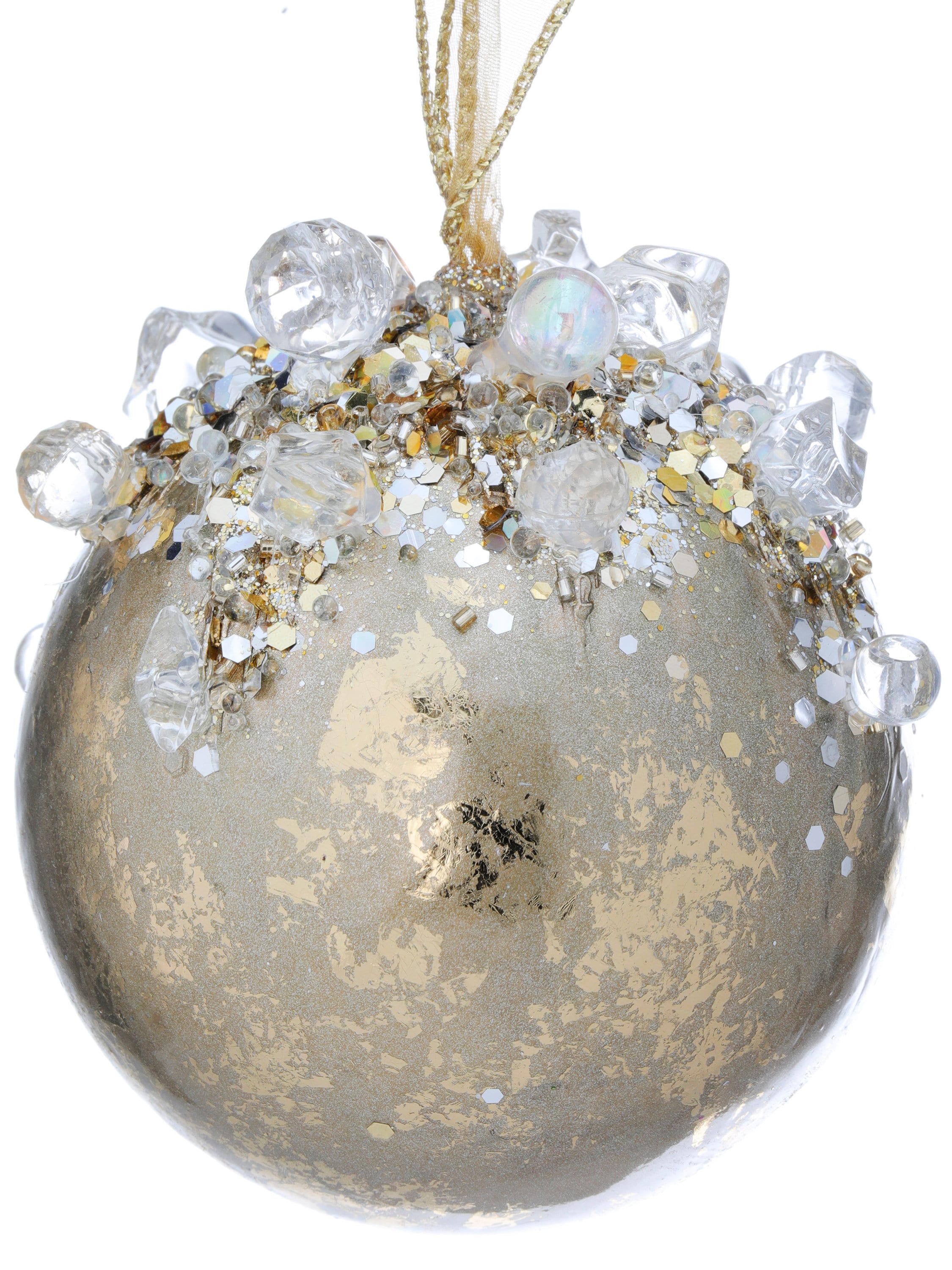 Gold Heavy Jeweled Ornament Ball 4 in., Gold Christmas Tree Ornament, Gold Wreath Attachment, Gold Christmas Decorations