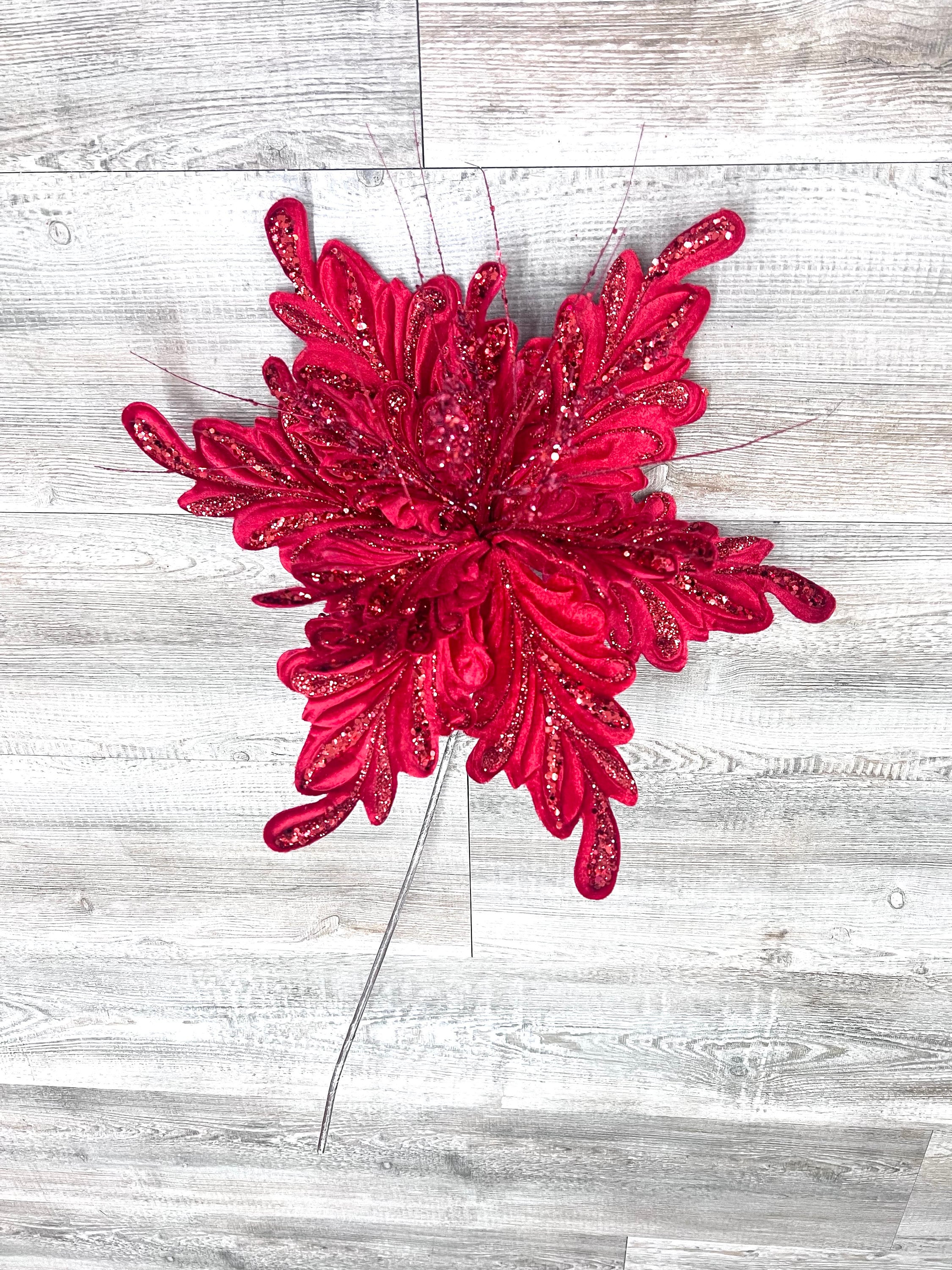 Red Fancy Floral Stem, Red Poinsettia Stem for Christmas Tree, Red Christmas Tree Decorations, Red Jeweled Poinsettia for Wreaths
