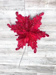 Red Fancy Floral Stem, Red Poinsettia Stem for Christmas Tree, Red Christmas Tree Decorations, Red Jeweled Poinsettia for Wreaths
