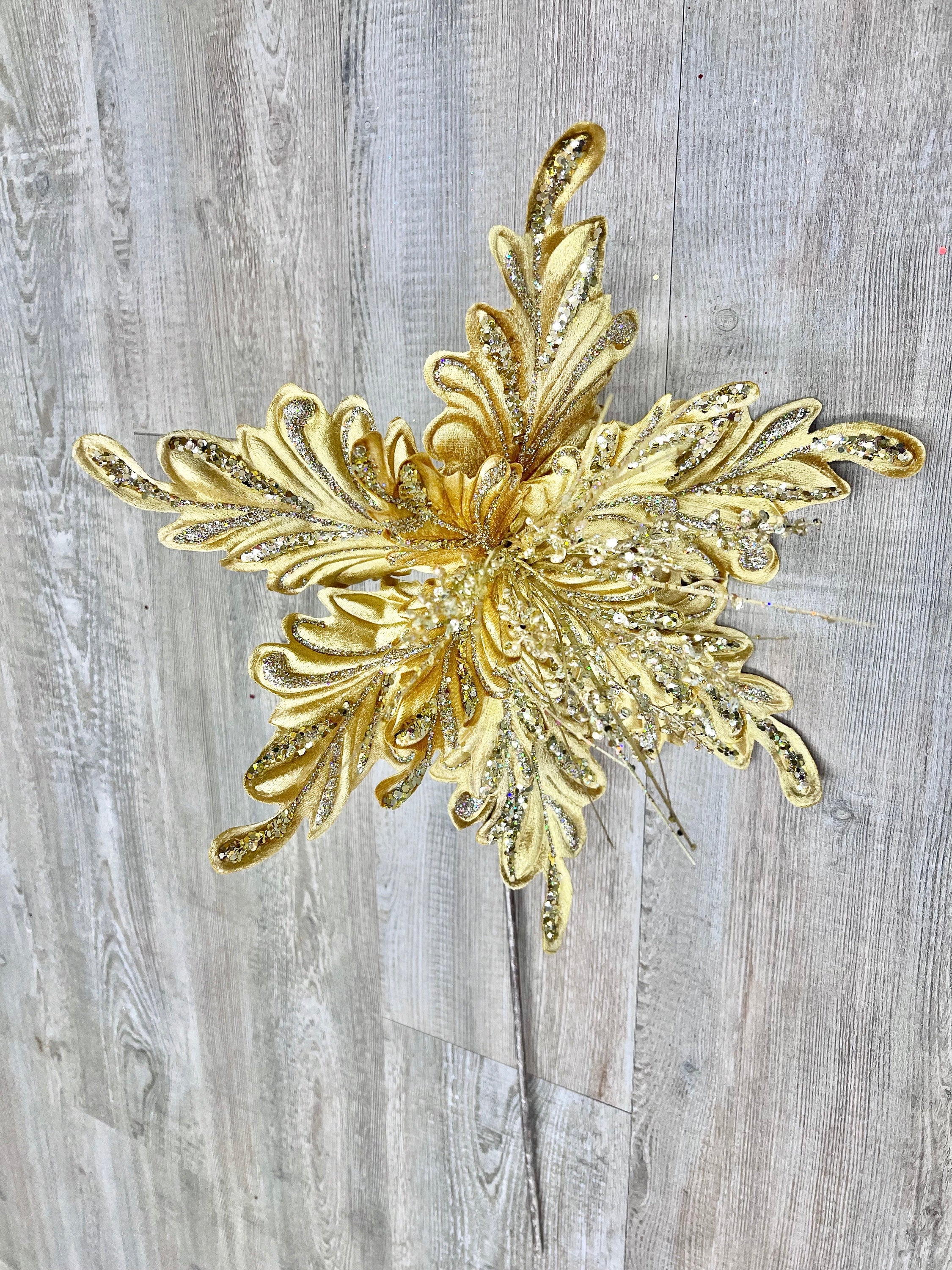 Gold Fancy Floral Stem, Gold Poinsettia Stem for Christmas Tree, Gold Christmas Tree Decorations, Gold Jeweled Poinsettia for Wreaths