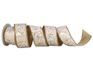 White and Gold Scroll Metallic Dupioni Fused Ribbon - 2.5 inch - 5 yards