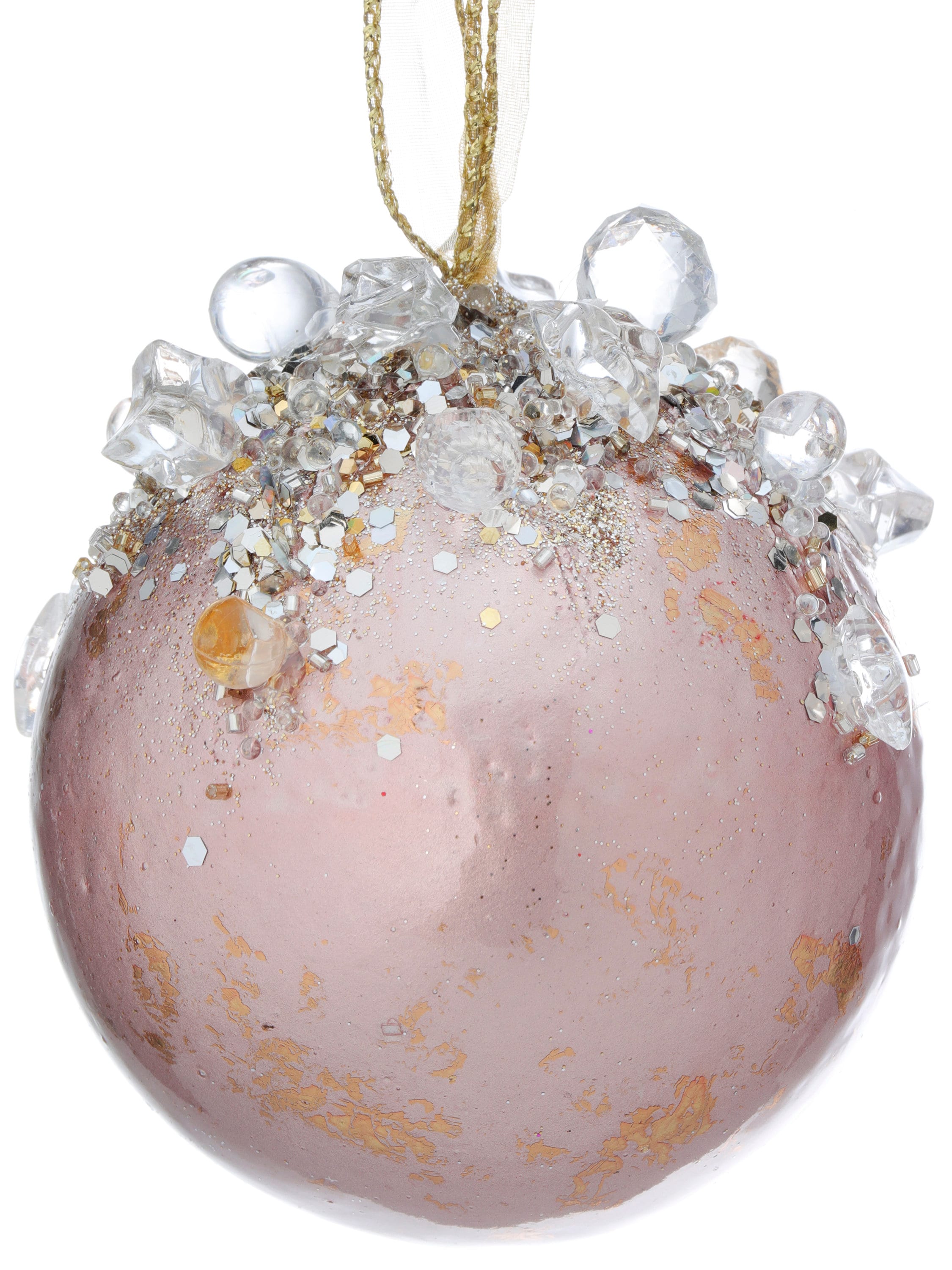 Rose Gold Heavy Jeweled Ornament Ball 4 in., Rose Gold Christmas Tree Ornament, Rose Gold Wreath Attachment, Rose Gold Christmas Decorations