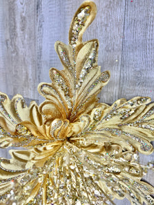 Gold Fancy Floral Stem, Gold Poinsettia Stem for Christmas Tree, Gold Christmas Tree Decorations, Gold Jeweled Poinsettia for Wreaths