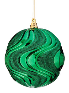Box of 3 Green Glittered Rippled Ball Ornament - 5 Inch